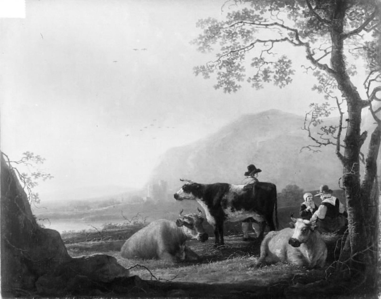 Maisema, kolme lehmää ja paimenia tekijältä Aelbert Cuyp