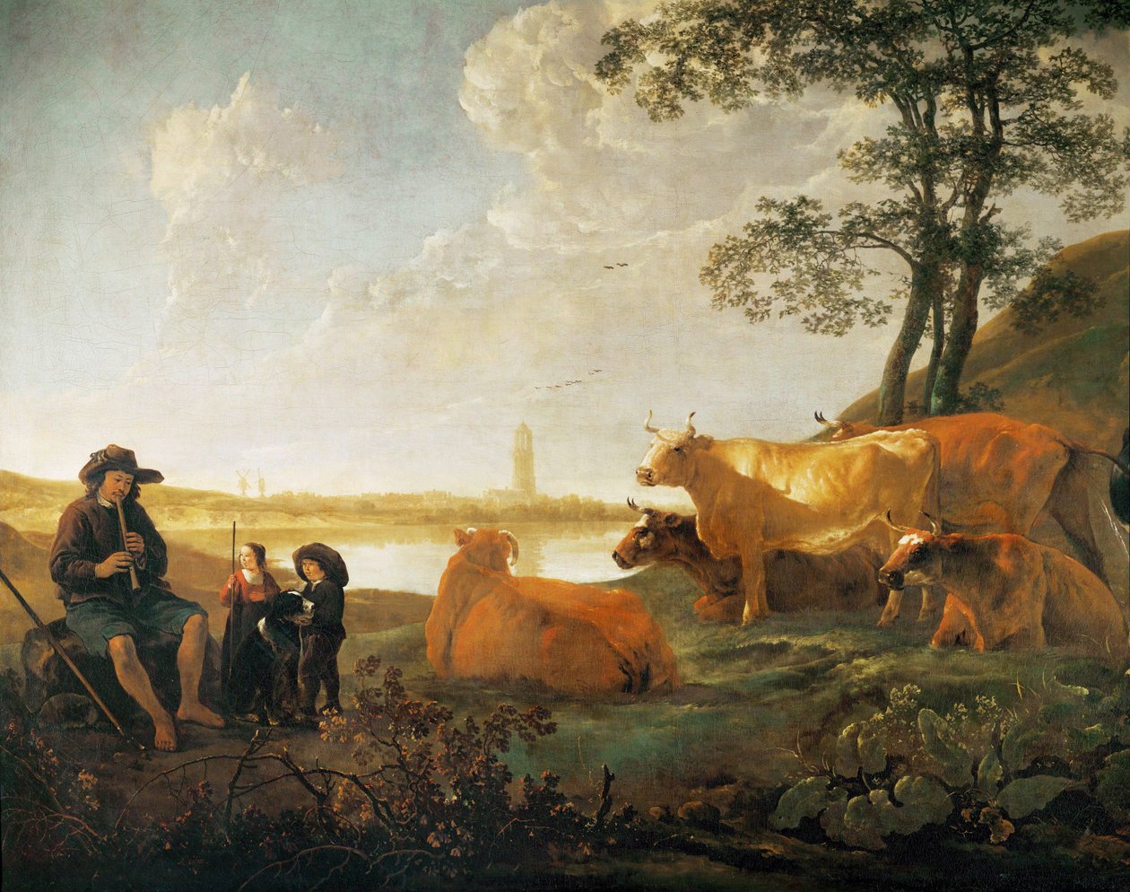 Maisema, jossa on paimenia ja lauma, lähellä Rheneniä, Alankomaat ... tekijältä Aelbert Cuyp