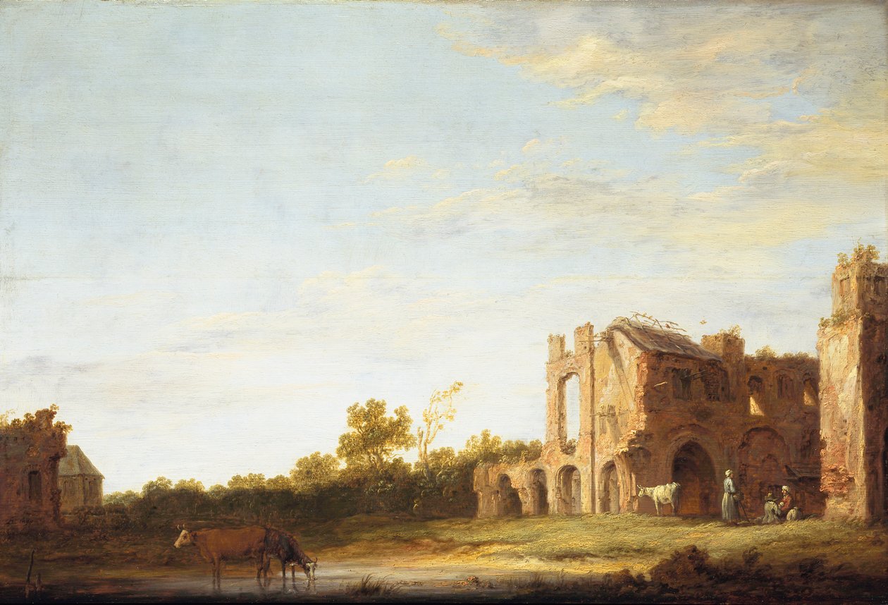 Maisema, jossa näkyvät Rijnsburgin luostarin rauniot, Leidenin lähellä tekijältä Aelbert Cuyp