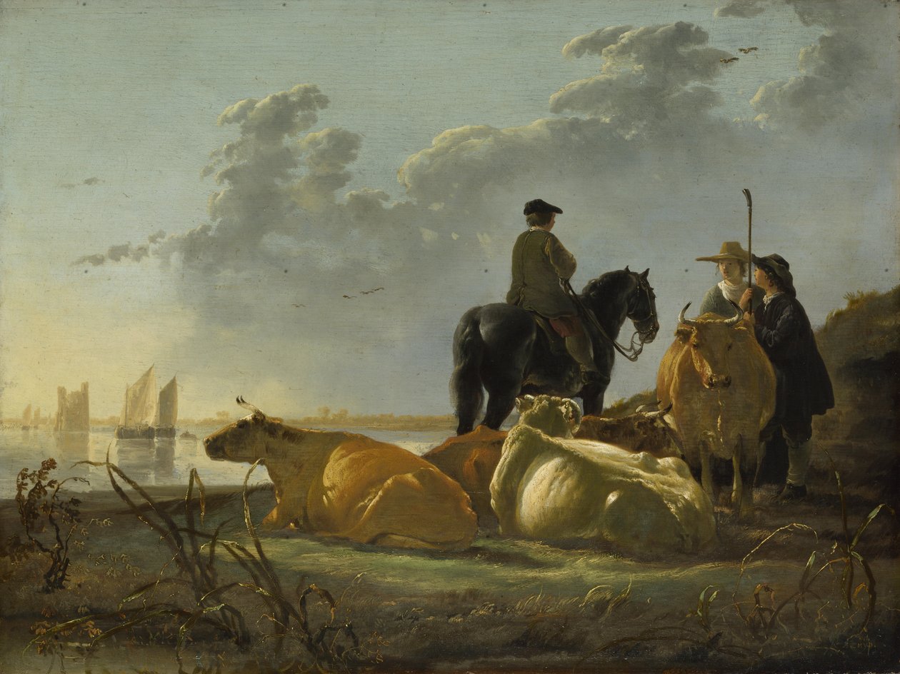 Maanviljelijöitä ja karjaa Merwede-joen rannalla tekijältä Aelbert Cuyp