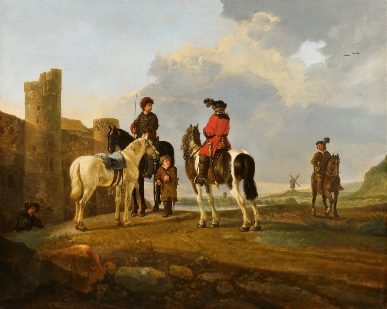 Ratsastajat levossa Burg Ubbergen tekijältä Aelbert Cuyp