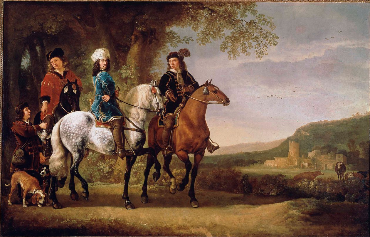 Hollannin aateliset kävelevät hevosen selässä. Albert (Aelbert tai Aelbrecht) Cuypin (1620-1691) maalaus 1600-luvun su. 119x152,5 cm Pariisi, musee du Louvre tekijältä Aelbert Cuyp