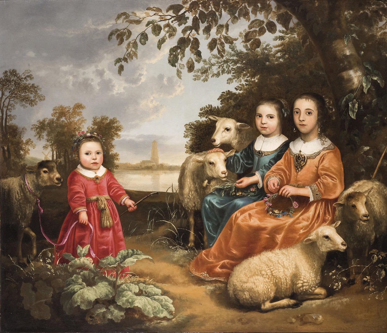 Kolme tyttöä lampaiden kanssa maisemassa tekijältä Aelbert Cuyp