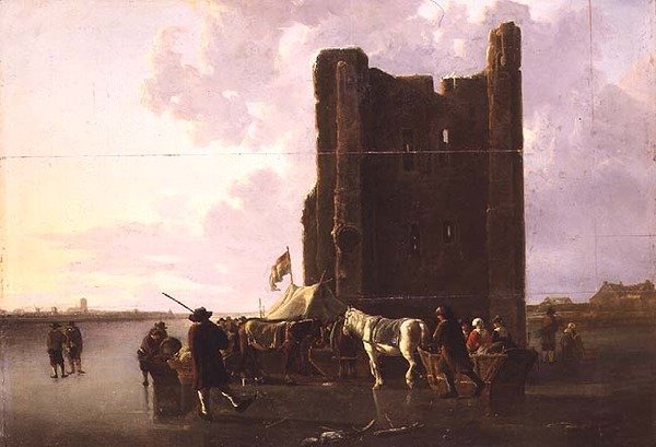 Kaupunkilaiset rekien kanssa jäällä Huis te Merweden rannalla tekijältä Aelbert Cuyp