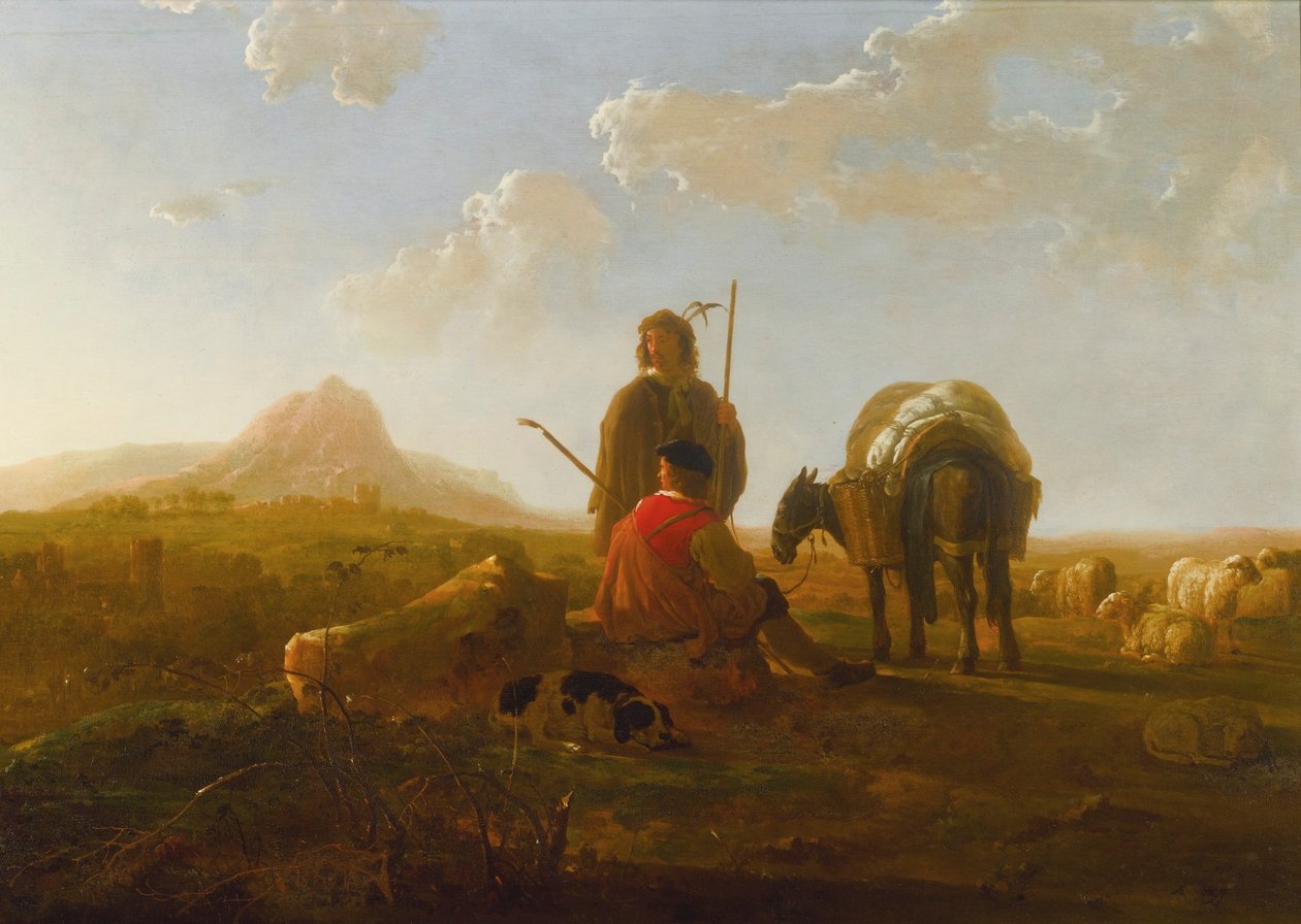 Kaksi paimenta mäkisessä maisemassa tekijältä Aelbert Cuyp
