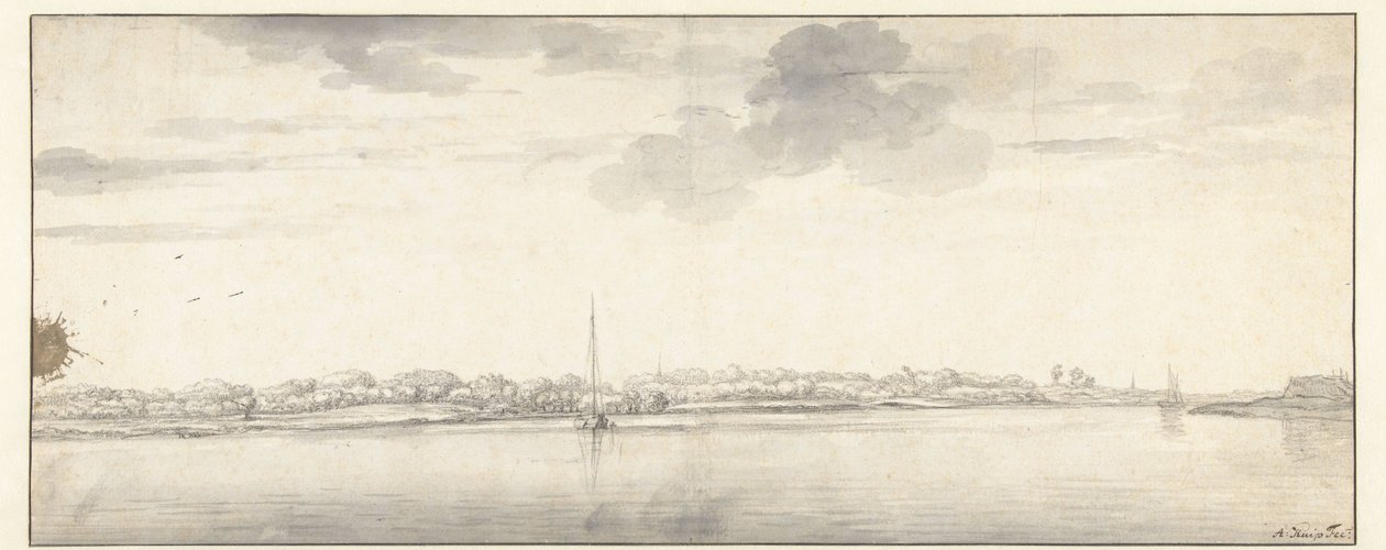 Laaja jokinäkymä laivoilla tyynellä vedellä tekijältä Aelbert Cuyp
