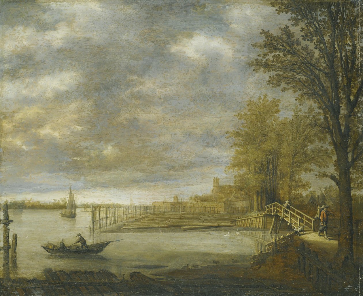 Näkymä Dordrechtista etelästä, etualalla sahatavarapihoja. tekijältä Aelbert Cuyp