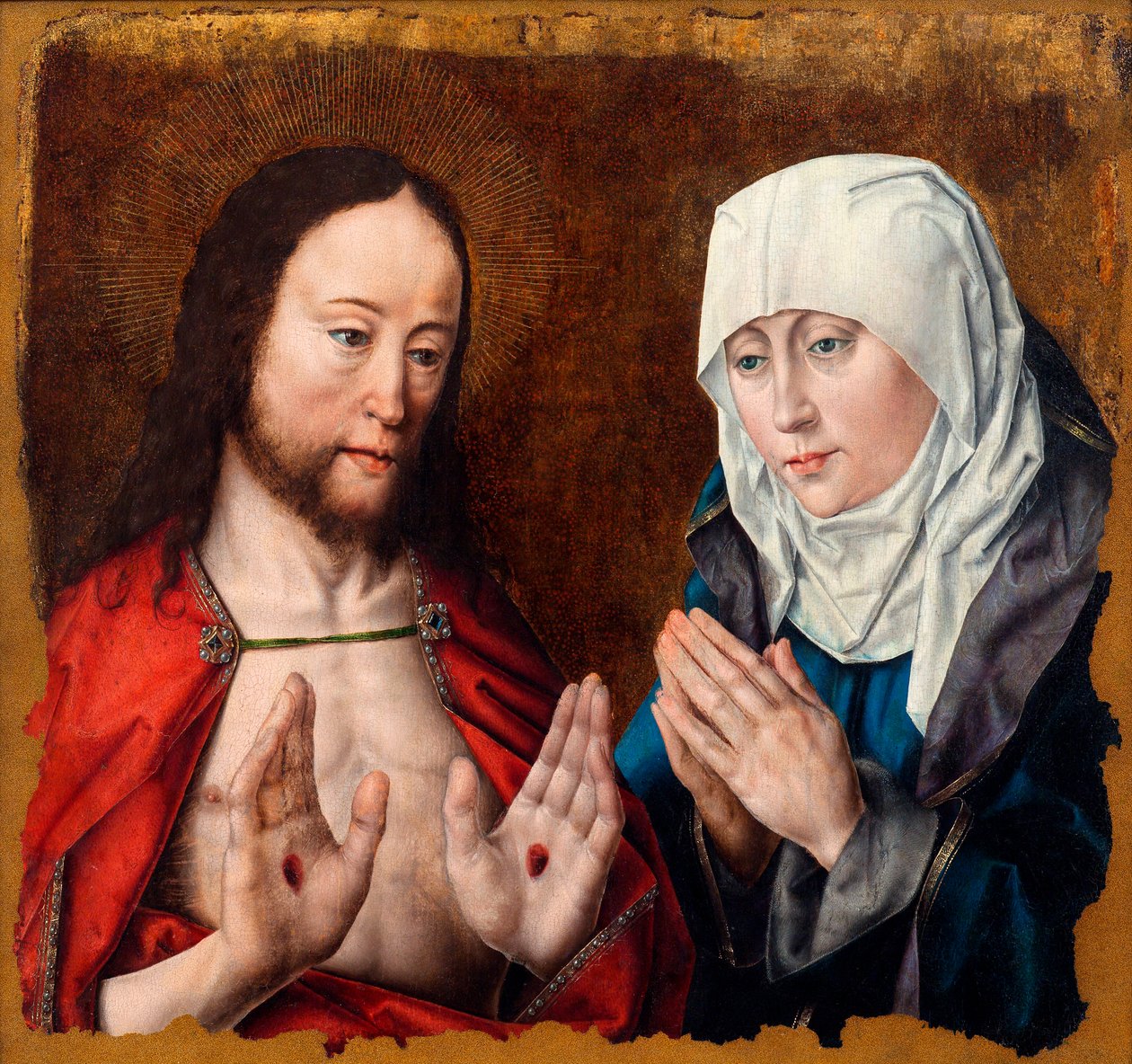 Kristus näyttää äidilleen kynsihaavat käsissään, c. 1490. tekijältä Aelbrecht Bouts