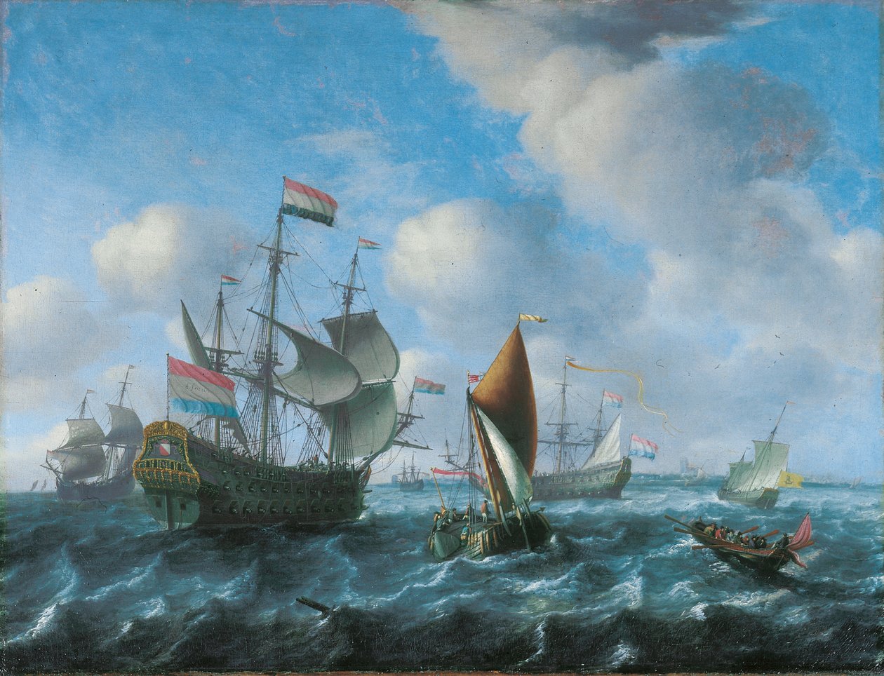 Mies"o"sota, mahdollisesti Het Wapen van Utrecht, leveä laiva ja perä sloop jäykässä tuulessa, 1671 tekijältä Aernout Smit