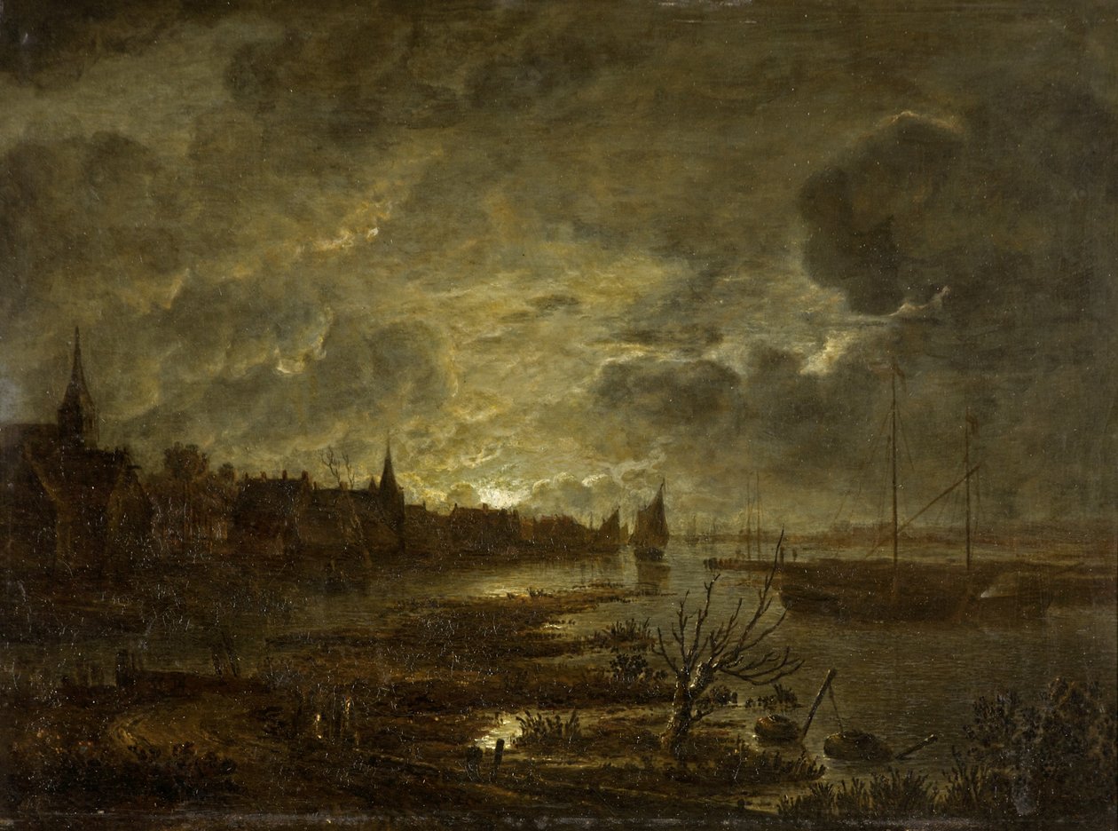 Kylä joella kuunvalossa, n. 1645-1700 tekijältä Aert van der Neer