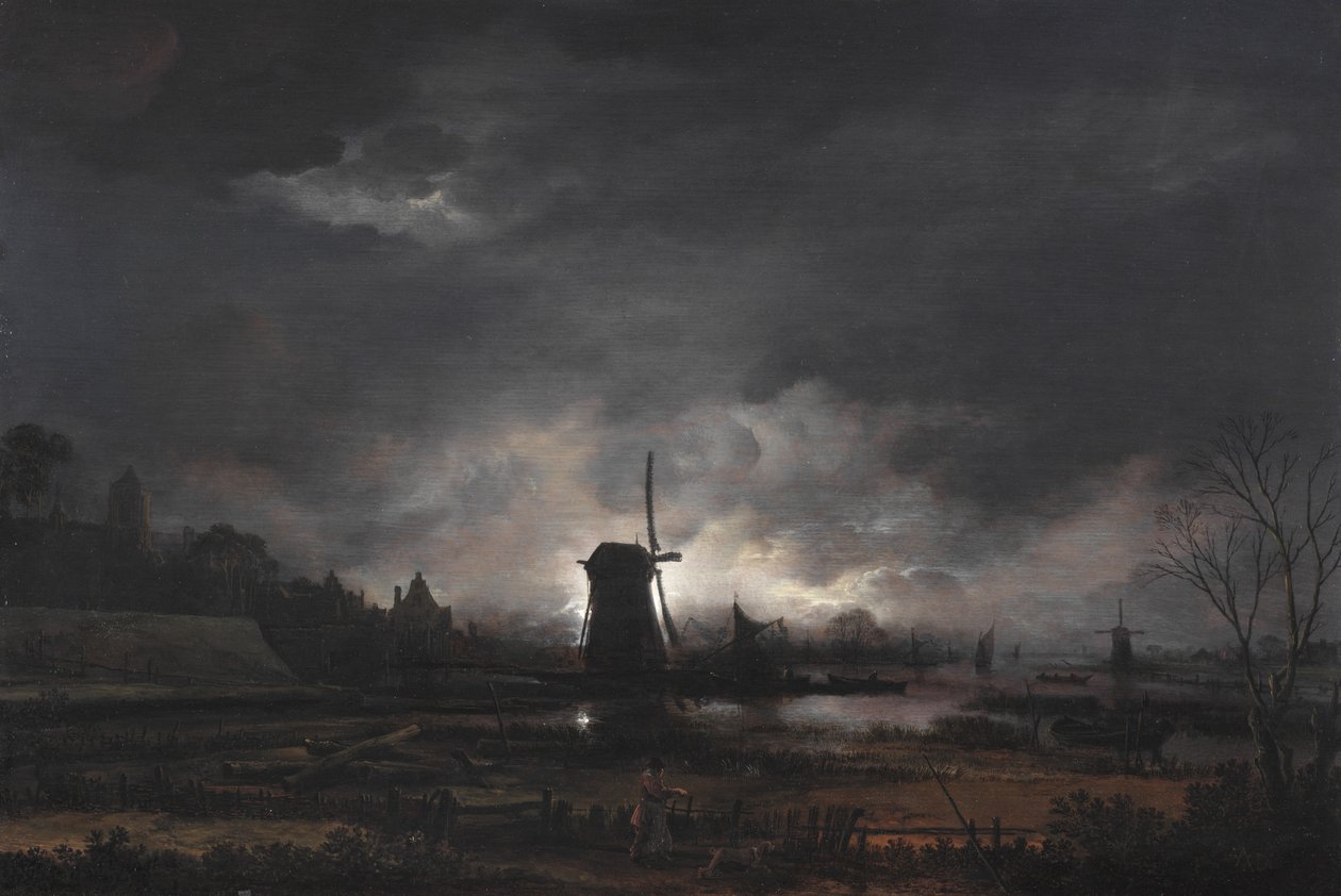 Kuun valaisema maisema ja tuulimylly, 1650-luvun alku tai puoliväli (öljy tammipaneelille). tekijältä Aert van der Neer