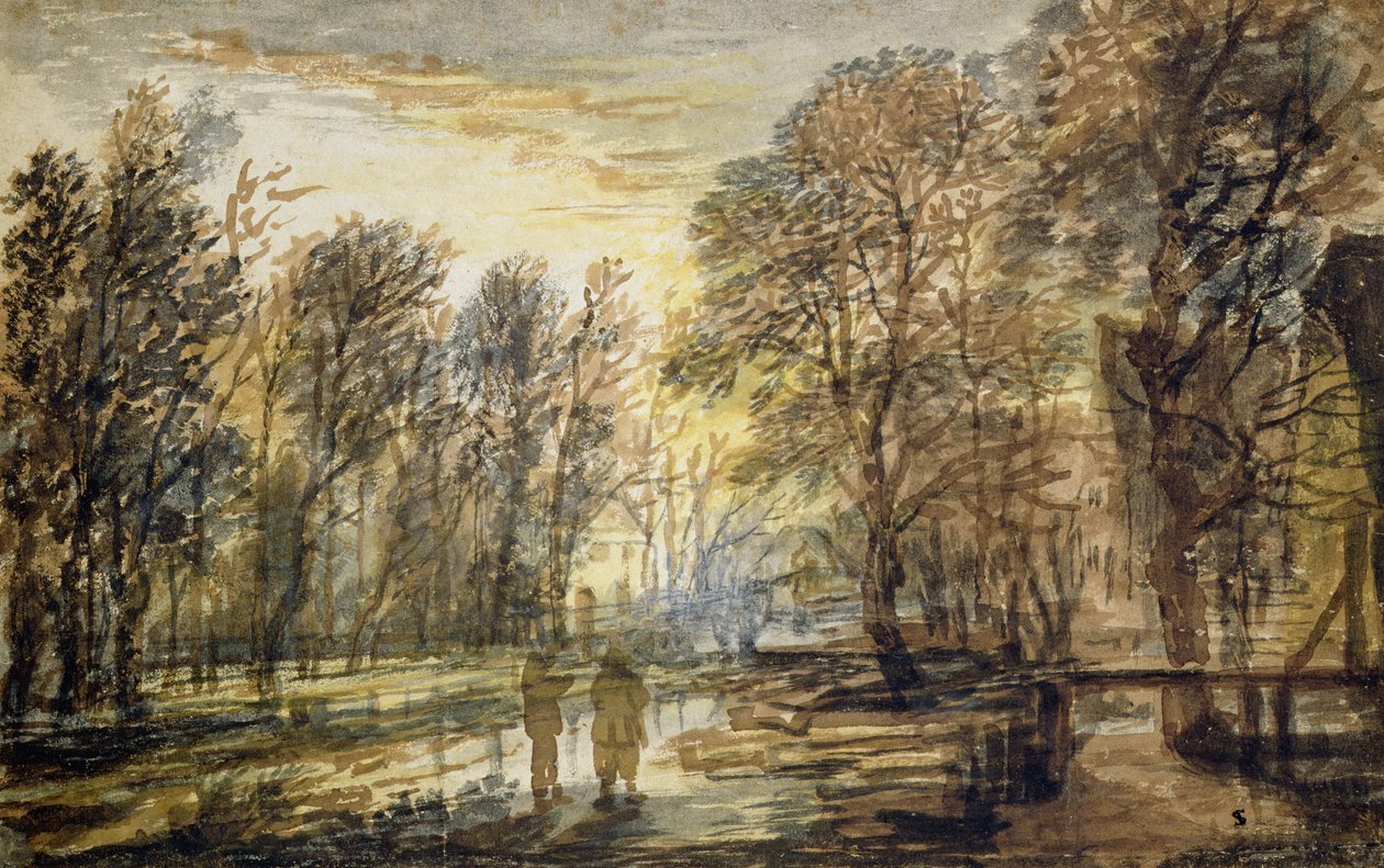 Sunset in the Wood (lyijykynä ja ruskea muste paperille) tekijältä Aert van der Neer