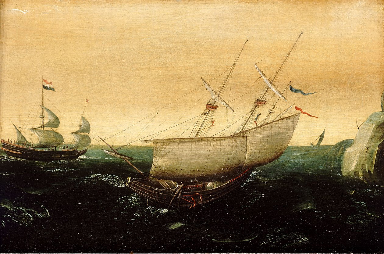 Hollantilainen laiva läheltä piti, noin 1610 (öljy paneelille). tekijältä Aert Anthonisz