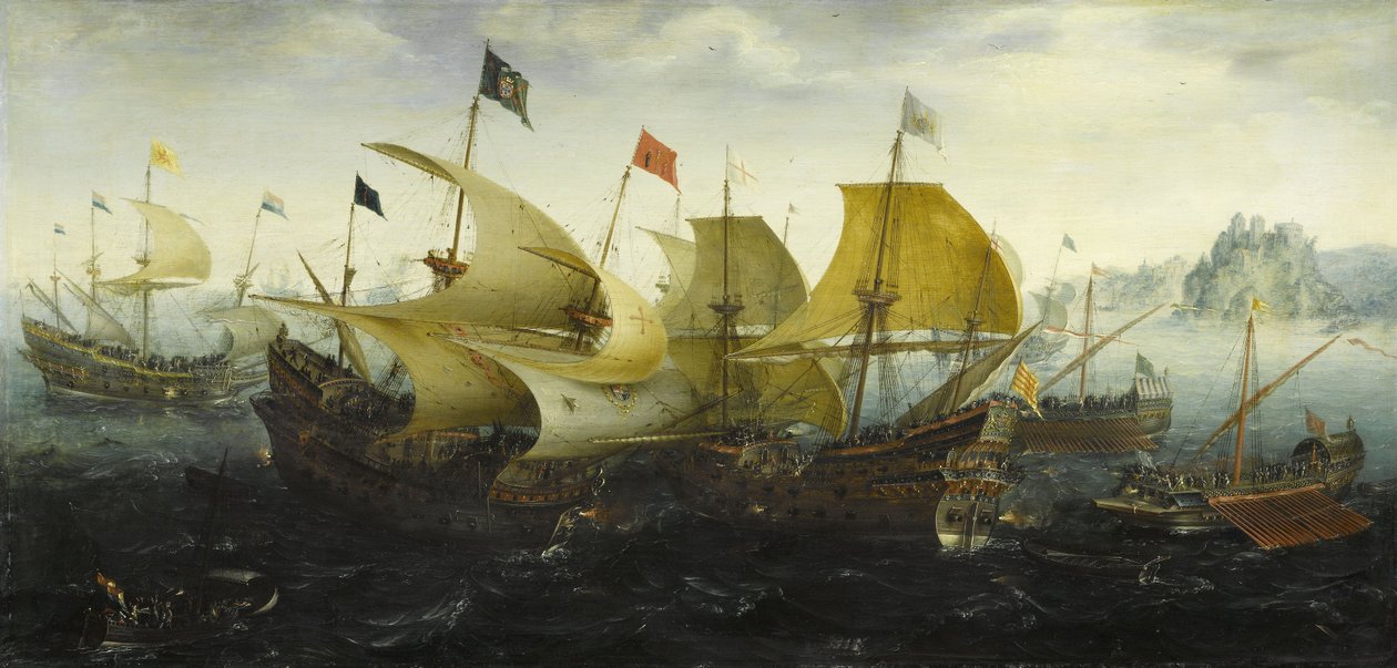 Cadizin taistelu hollantilaiset ja englantilaiset laivat hyökkäävät espanjalaiseen Armadaan, 1608 tekijältä Aert Anthonisz