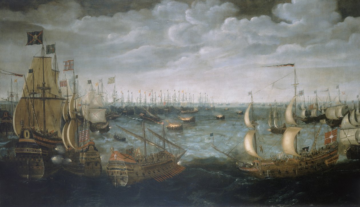 Tulilaivojen laukaisu espanjalaista armadaa vastaan, 7. elokuuta 1588, noin 1590 (öljy kankaalle). tekijältä Aert Anthonisz