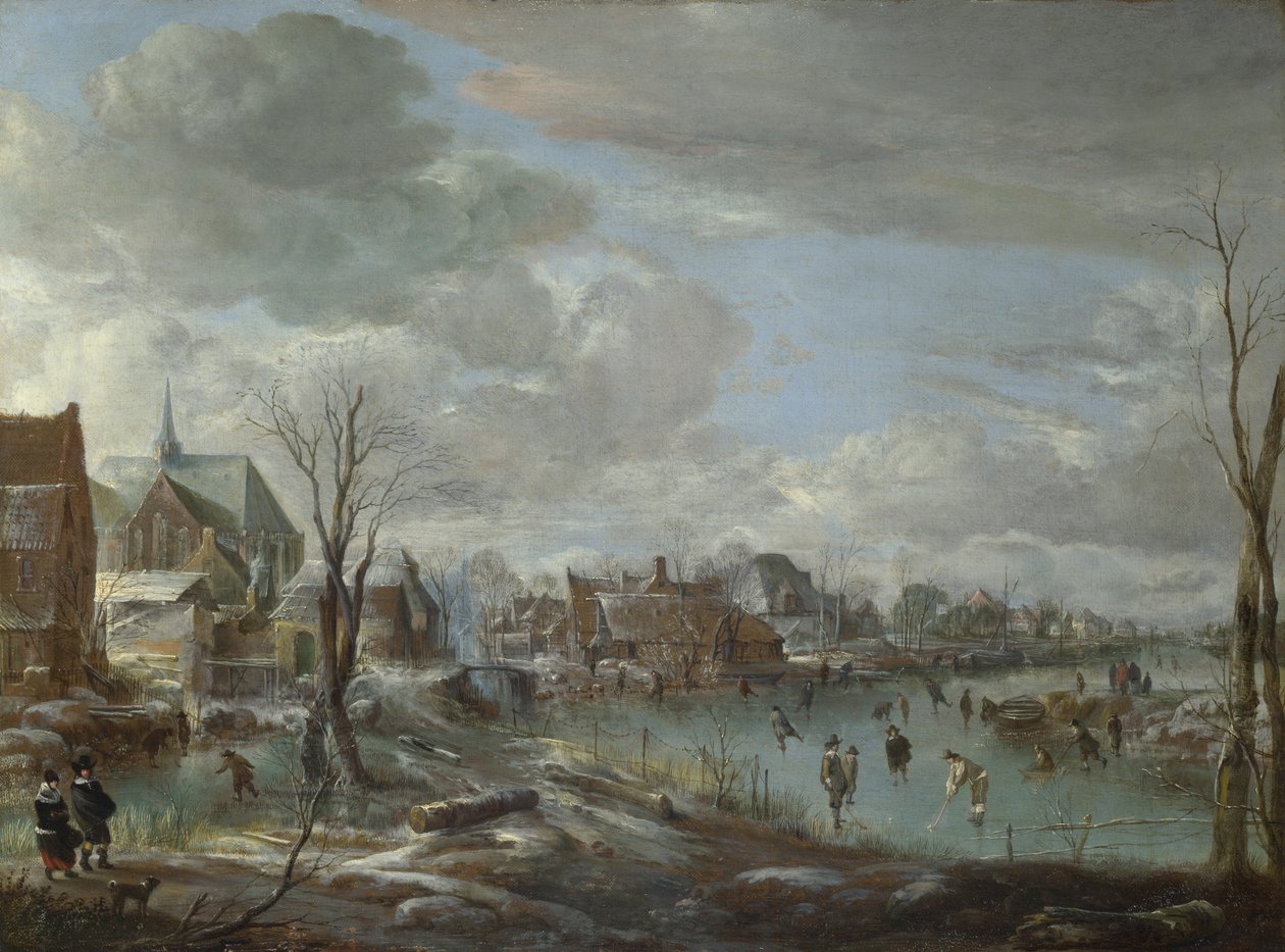 Jäätynyt joki lähellä kylää, golfaajien ja luistelijoiden kanssa, c. 1647-1648 tekijältä Aert van der Neer