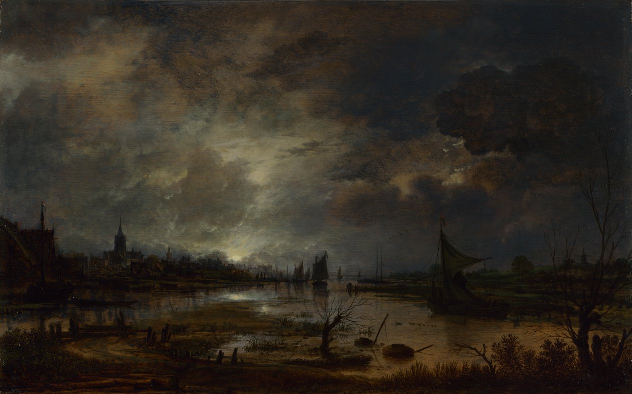 Joki lähellä kaupunkia, Moonlight, n. 1645 tekijältä Aert van der Neer