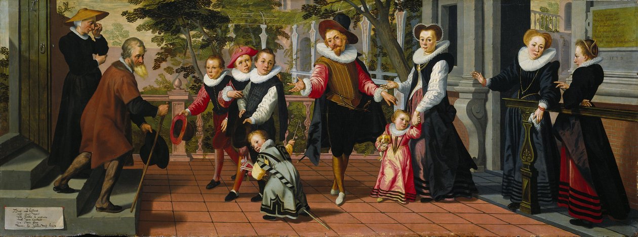 Rikkaat lapset, köyhät vanhemmat, 1599 tekijältä Aert Pietersz.