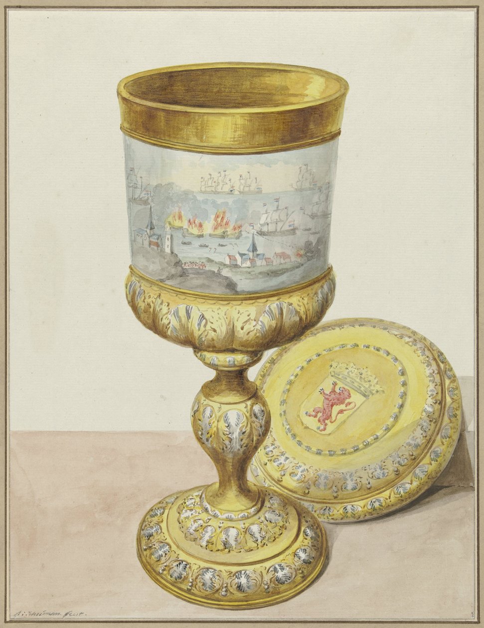 Kultainen kannellinen kuppi, lahjoitettu Cornelis de Wittille matkan yhteydessä Chathamiin, 1667 tekijältä Aert Schouman (signed by artist)