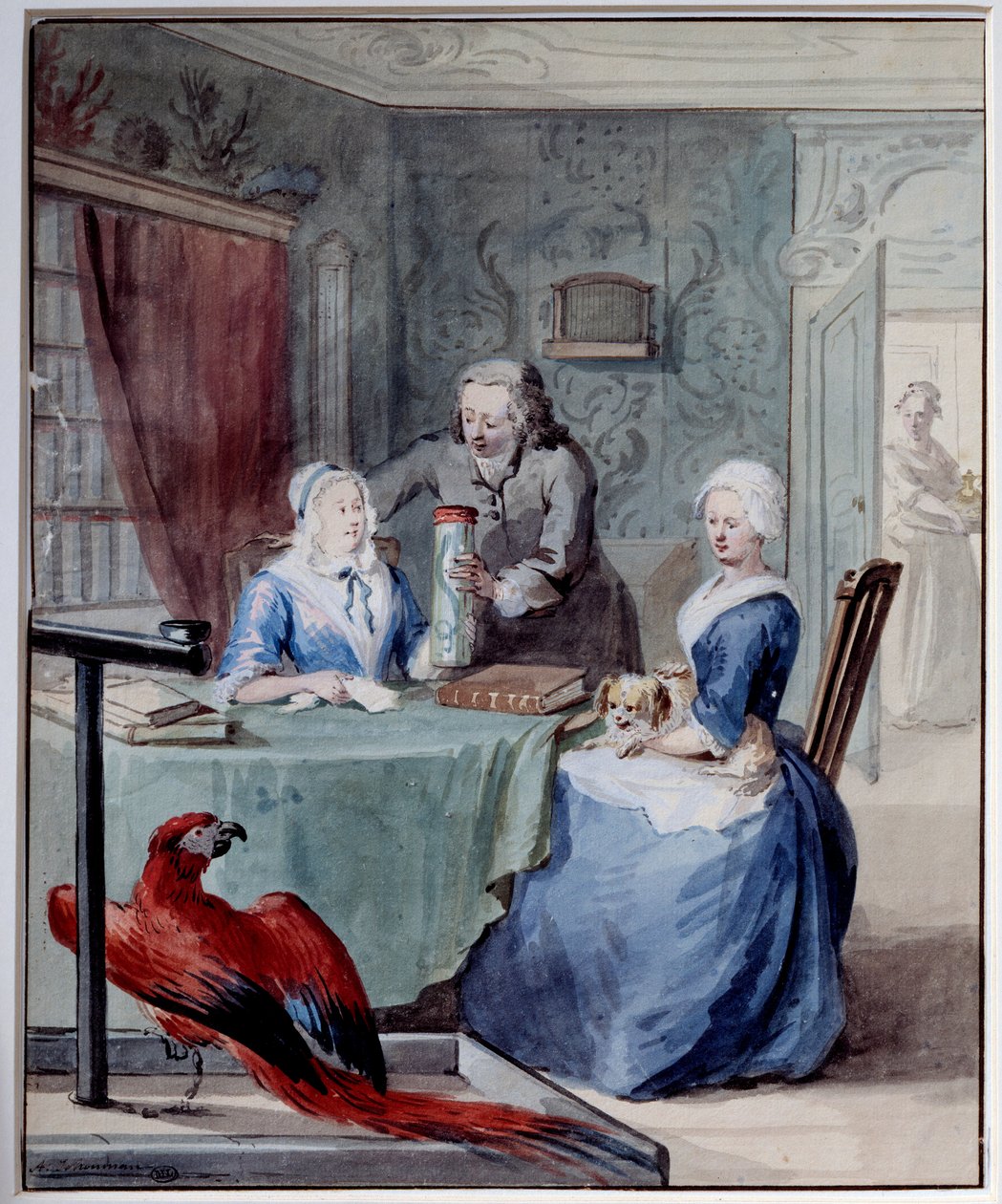 Luonnontutkija näyttää kahdelle naiselle purkin, jossa on etualalla käärme, papukaija. Aert Schoumanin (1710-1792) akvarelli 1700-luvun aurinko. 0,24x0,2 m Pariisi, Musee du Louvre tekijältä Aert Schouman