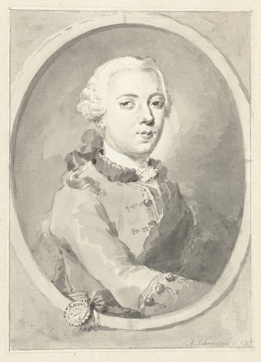 Orange-Nassaun prinssin William V:n muotokuva oikealla, soikea tekijältä Aert Schouman