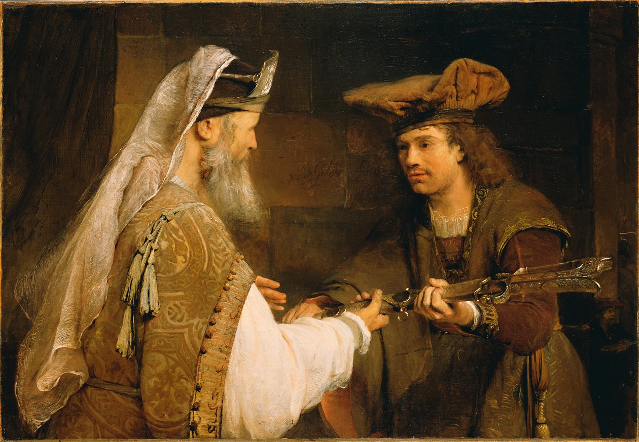 Ahimelek antoi Goljatin miekan Daavidille, n. 1680 (öljy kankaalle) tekijältä Aernt de Gelder