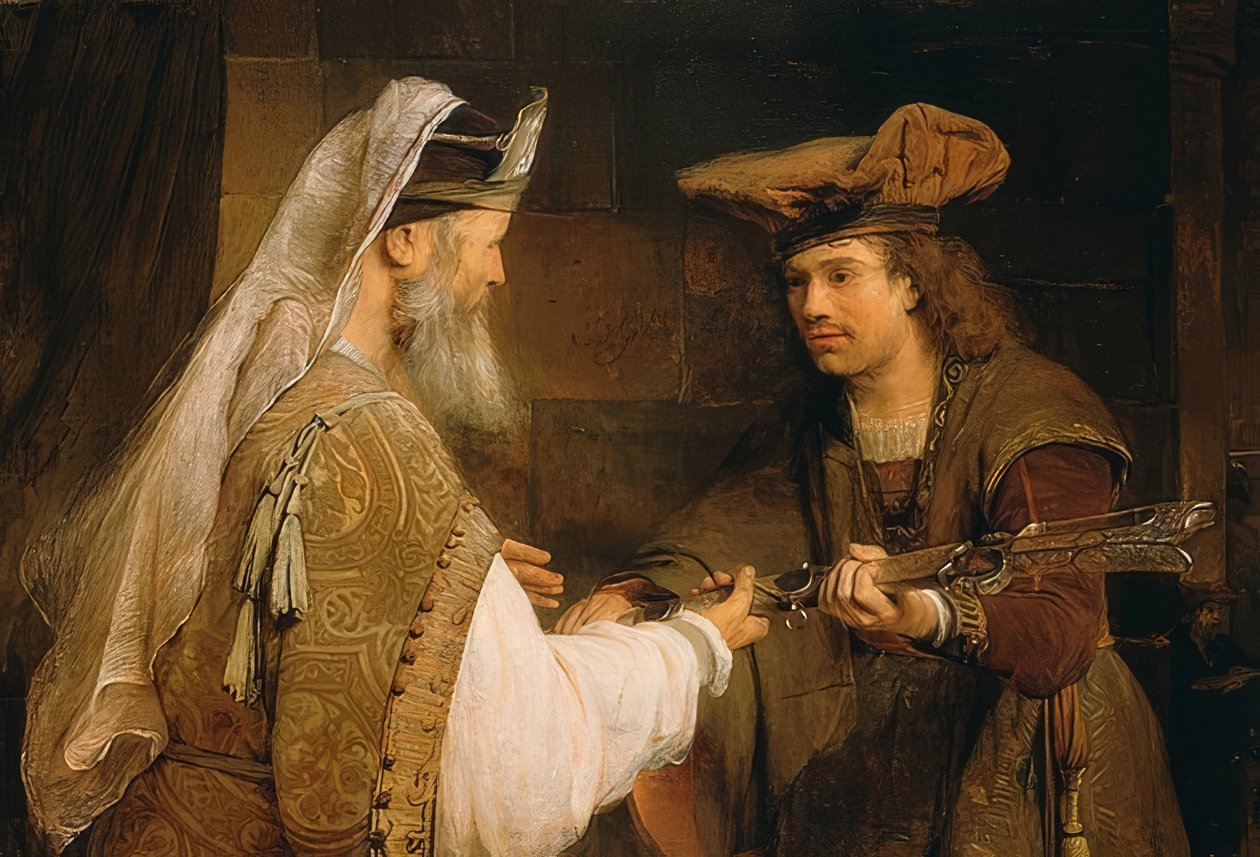 Ahimelek antaa Daavidille Goljatin miekan. 1680-luku tekijältä Aernt de Gelder