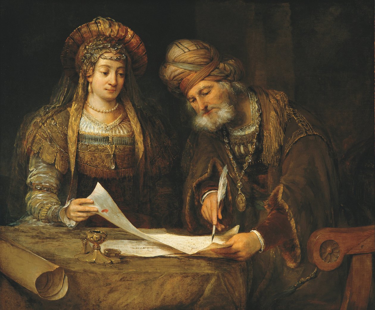 Esther ja Mordokai kirjoittavat Purimin ensimmäisen kirjeen, n. 1675 (öljy kankaalle) tekijältä Aernt de Gelder