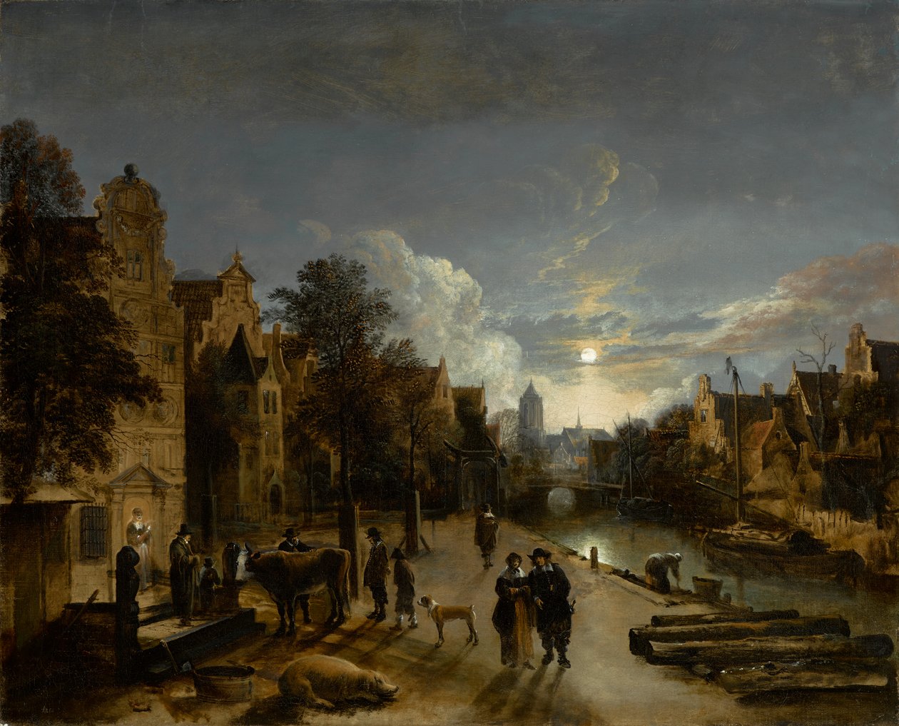 Canal Scene in Moonlight, noin 1660-luku (öljy kankaalle) tekijältä Aert van der Neer
