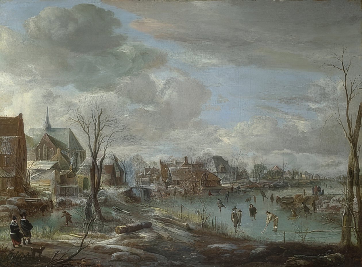 Jäätynyt joki lähellä kaupunkia, jossa on golfaajia ja luistelijoita. Noin 1648 tekijältä Aert van der Neer