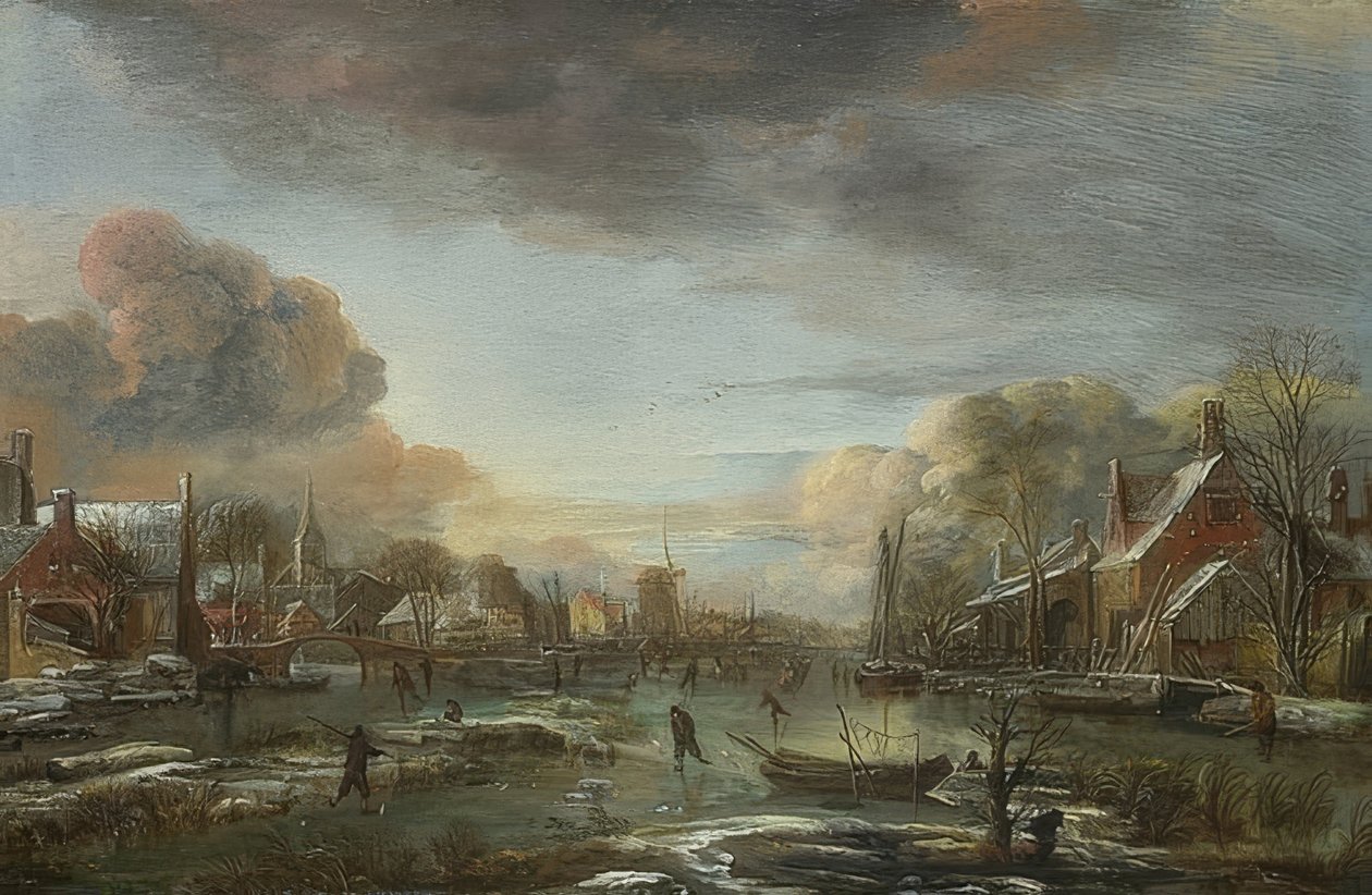 Jäätynyt joki ja kaupunki illalla. Noin 1665 tekijältä Aert van der Neer