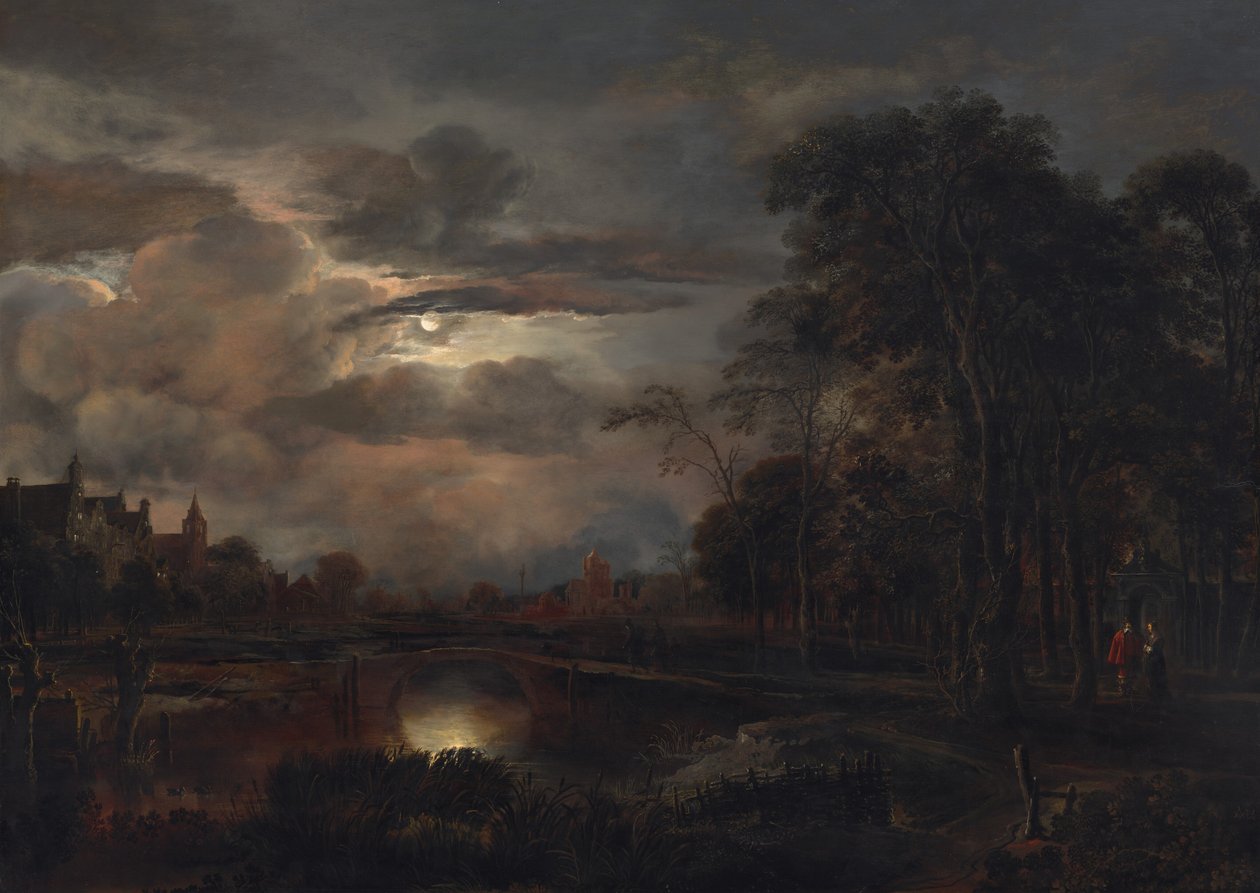 Kuutamoinen maisema sillalla, luultavasti 16481650. tekijältä Aert van der Neer