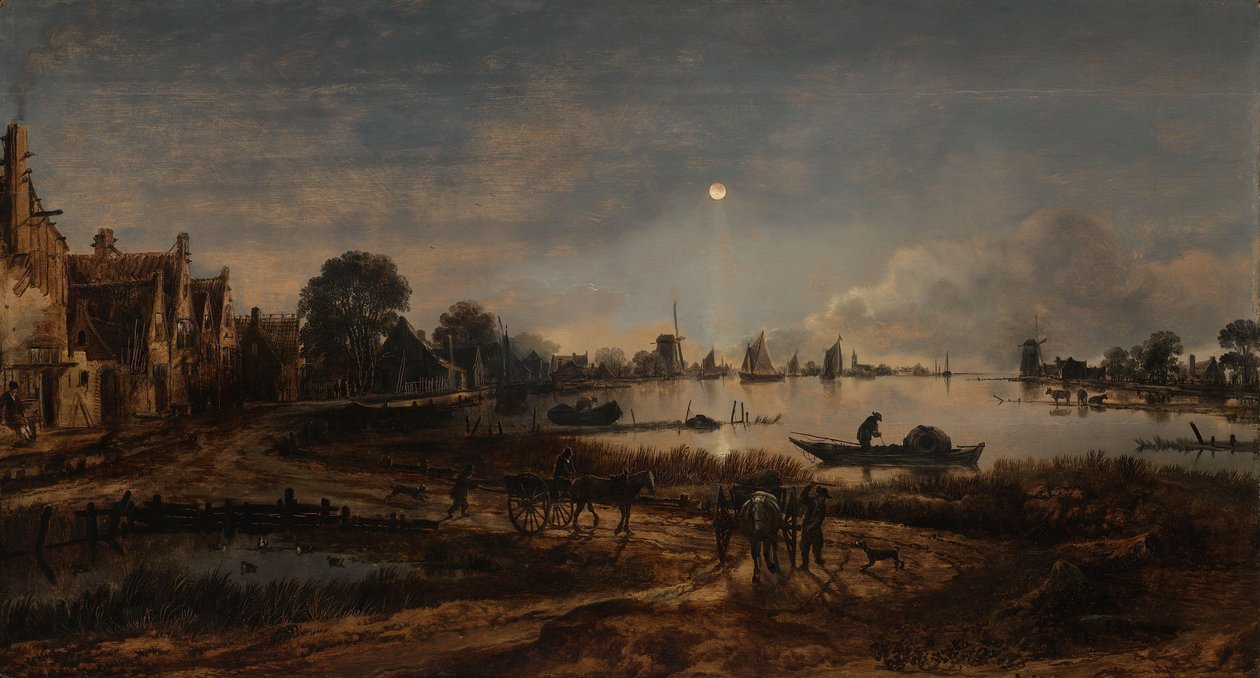 Moonlightin jokinäkymä Maisema kuunvalossa tekijältä Aert van der Neer