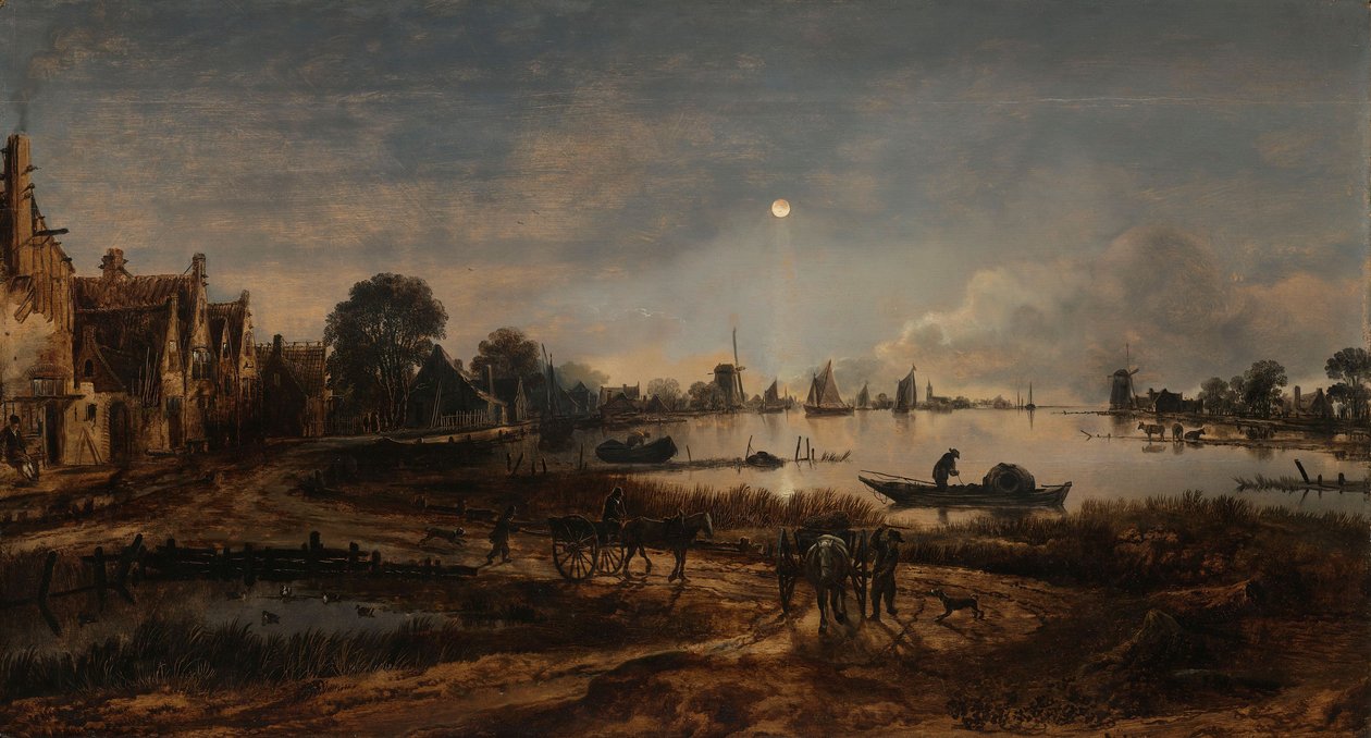 River View by Moonlight, n. 1640-1650 tekijältä Aert van der Neer