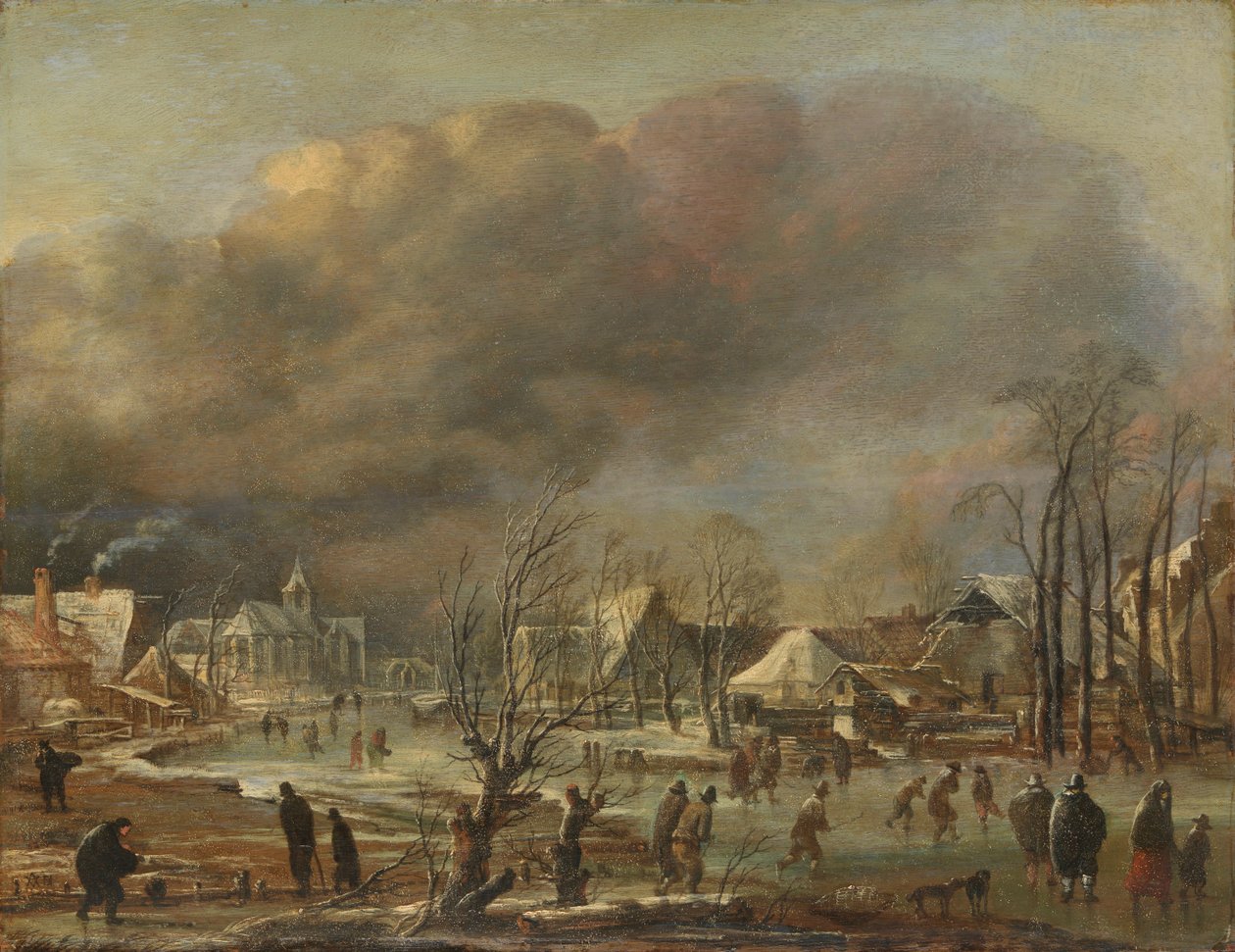 Lumisade kylässä jäätyneen kanavan vieressä, 1630-77 tekijältä Aert van der Neer