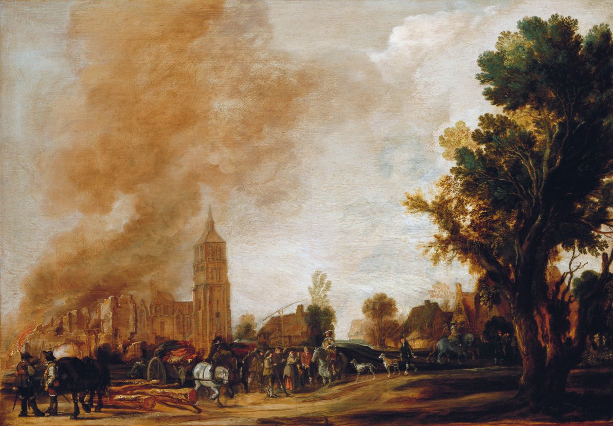 Sotilaat lähtevät palavasta kylästä, 1637 tekijältä Aert van der Neer