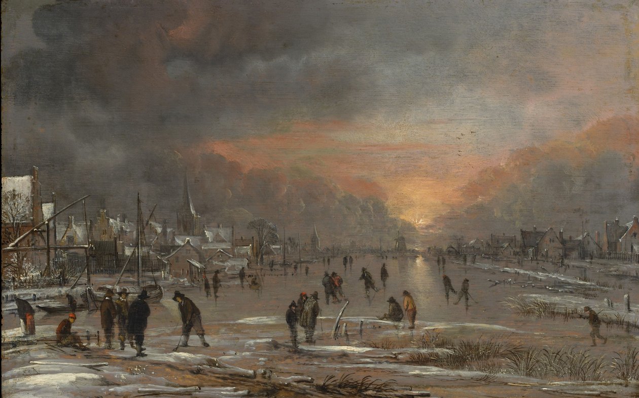 Urheilua jäätyneellä joella, noin 1660 (öljy puulle). tekijältä Aert van der Neer