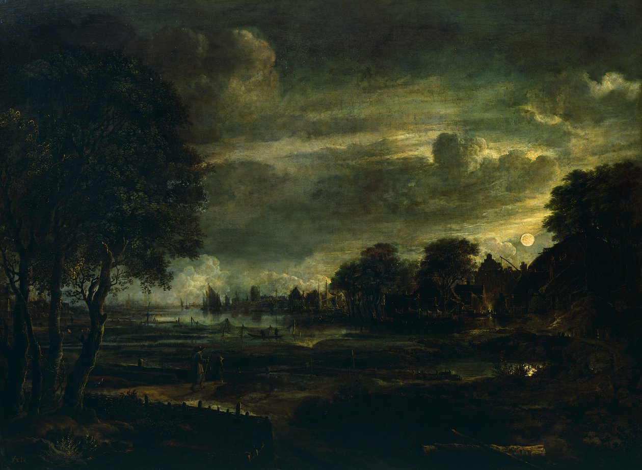 Kylä kuunvalossa, kirjoittanut Aert van der Neer (1603-1677) tekijältä Aert van der Neer