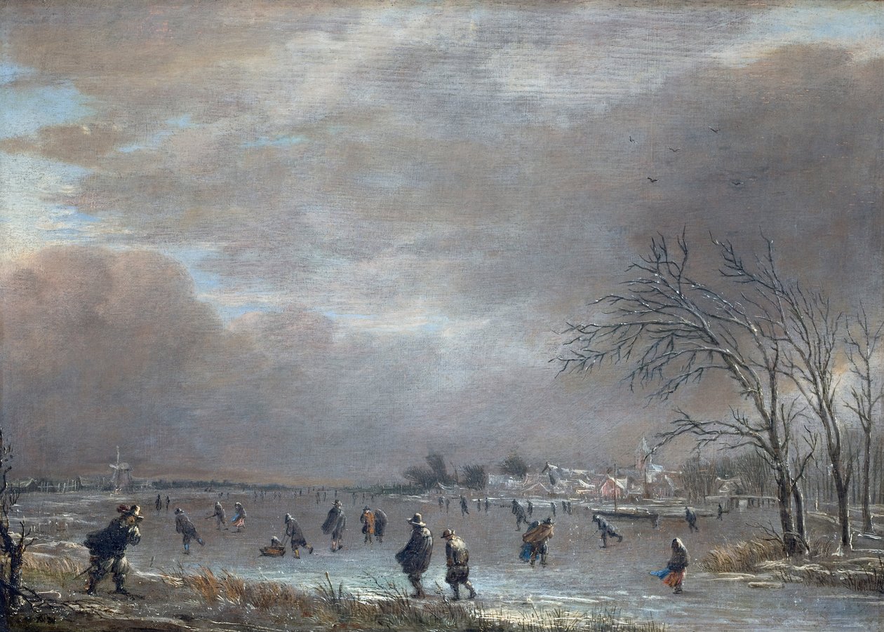 Talvimaisema luistelijoiden kanssa jäätyneellä joella (öljy paneelissa) tekijältä Aert van der Neer