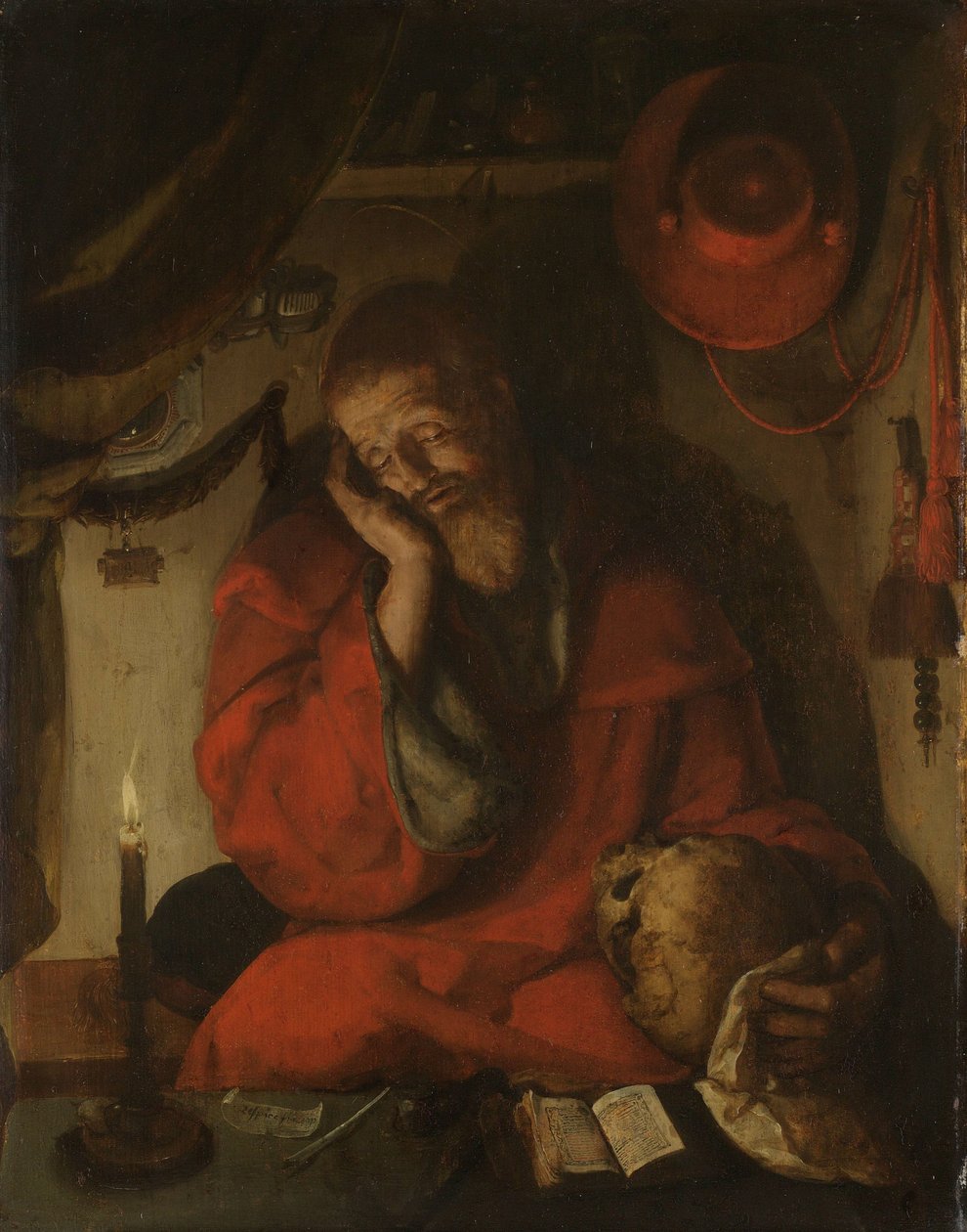 Pyhä Hieronymus tutkimuksessaan kynttilänvalossa tekijältä Aertgen Claesz van Leyden (attributed to)