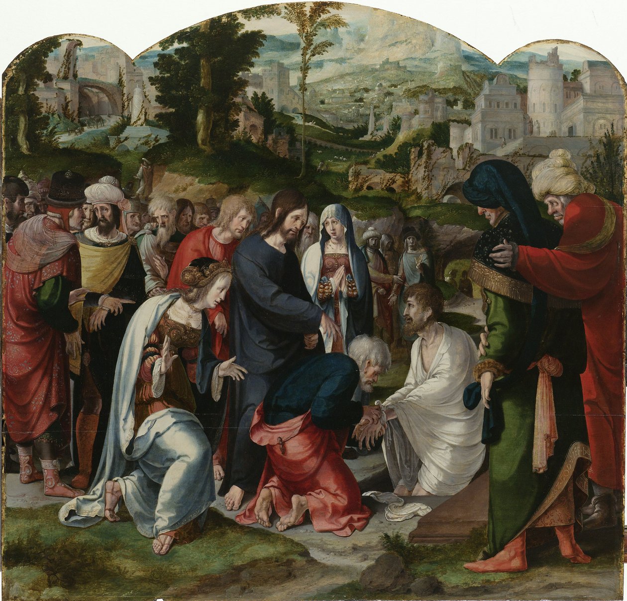 Lasaruksen herättäminen, triptyykin keskipaneeli, n. 1530 tekijältä Aertgen Claesz van Leyden