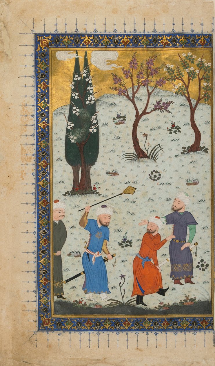 Folio tunnistamattomasta tekstistä; recto: Prinssi valtaistuimelle avustajien ympäröimänä, Herat, Afganistan, n. 1425-1430 (läpinäkymätön akvarelli, muste ja kulta paperilla) tekijältä Afghan School