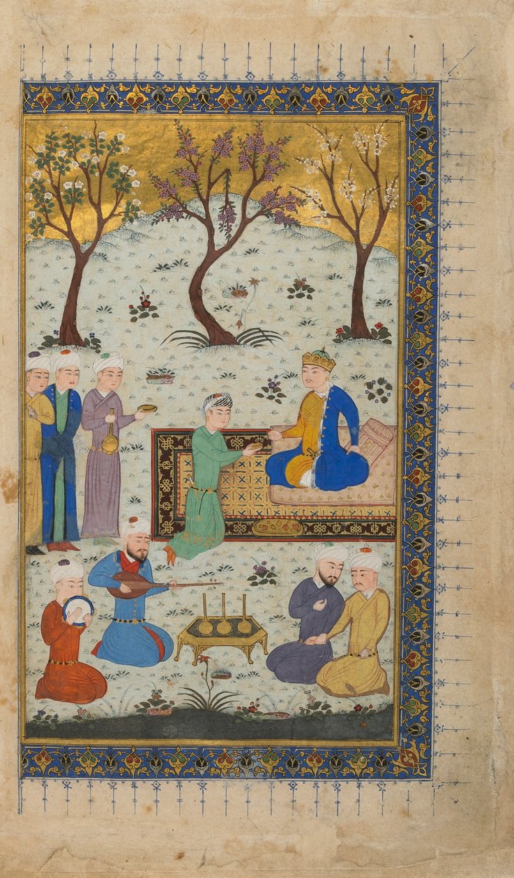 Folio tunnistamattomasta tekstistä; verso: Prinssi, joka istuu valtaistuimella avustajien ympäröimänä, Herat, Afganistan, n. 1425-1430 (läpinäkymätön akvarelli, muste ja kulta paperilla) tekijältä Afghan School
