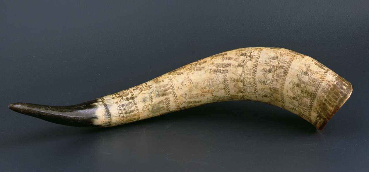Lehmän sarvi, johon on kaiverrettu kohtauksia anglo-zulujen sodasta, North Nguni Kaakkois-Afrikka, n. 1879 (lehmän sarvi) tekijältä African