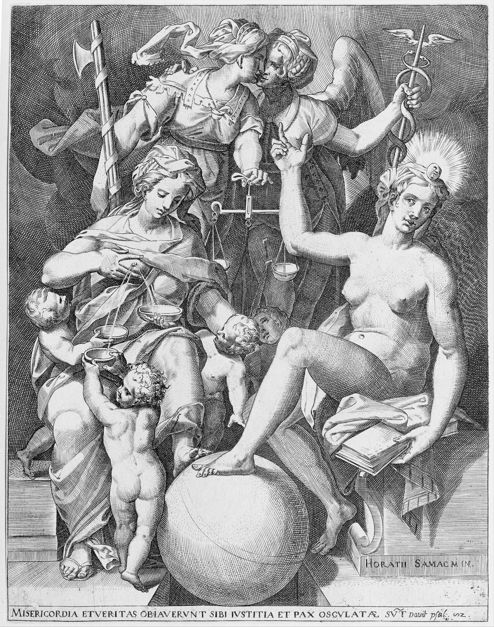 Daavidin psalmin allegoria, Misericordia istuu vasemmalla ja ruokkii neljää lasta..., 1579. tekijältä After Agostino Carracci.
