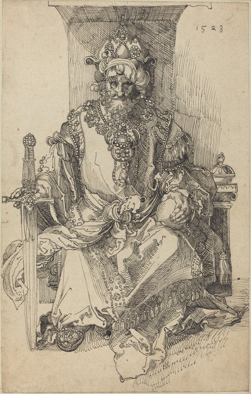 Itämainen hallitsija istuu valtaistuimellaan tekijältä After Albrecht Dürer