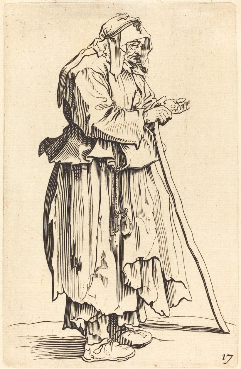 Kerjäläinen nainen vastaanottaa hyväntekeväisyyttä tekijältä After Jacques Callot