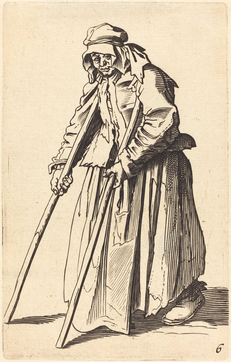 Kerjäläinen nainen kainalosauvoilla tekijältä After Jacques Callot