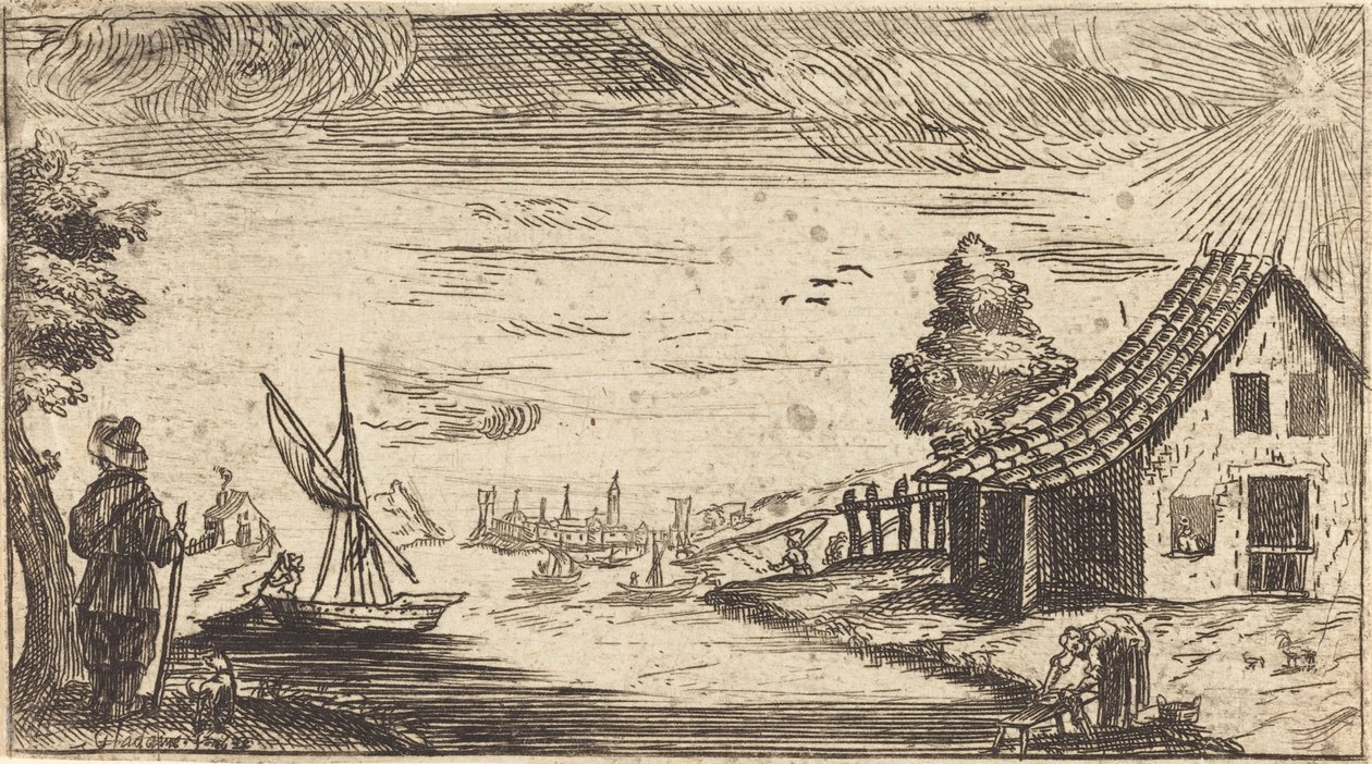 Maisema figuurilla ja veneellä tekijältä After Jacques Callot