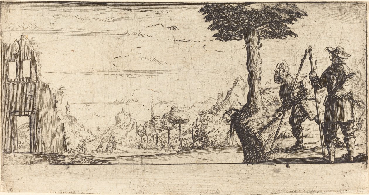 Maisema kahden pyhiinvaeltajan kanssa tekijältä After Jacques Callot